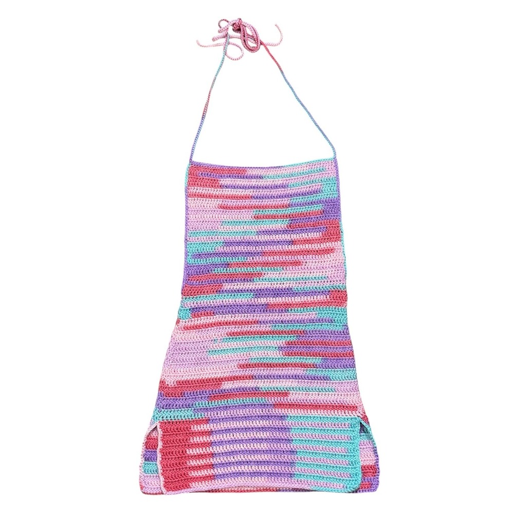Handmade Bohemian Y2K Retro Crochet Halter Mini Dress Festival Colorful Backless